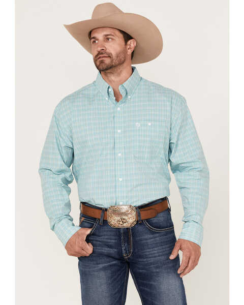 George Strait by Wrangler Men's Plaid Print Long Sleeve Button Down Western Shirt , Turquoise, hi-res