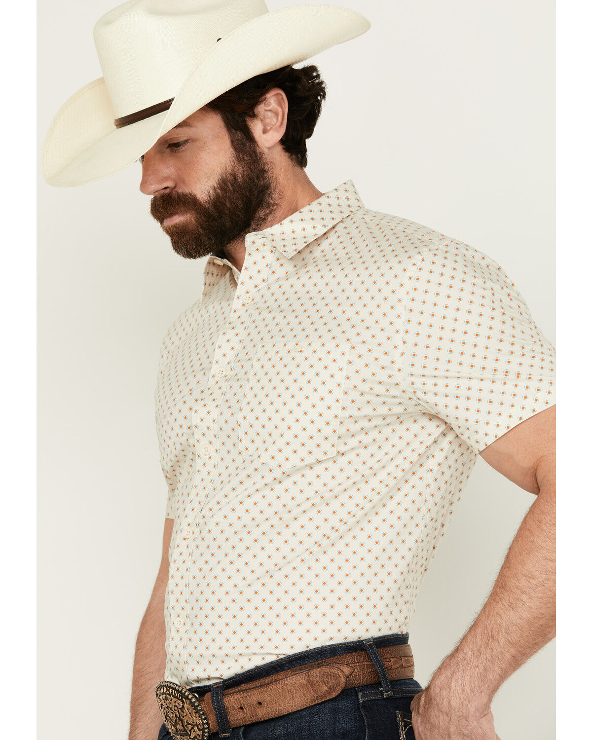 Image #2 - RANK 45® Men's Westamp Geo Print Short Sleeve Button-Down Performance Stretch Western Shirt, Ivory, hi-res