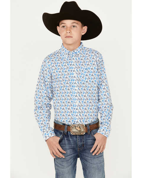 Ariat Boys' Pro Series Bronco Print Long Sleeve Button-Down Western Shirt, White, hi-res