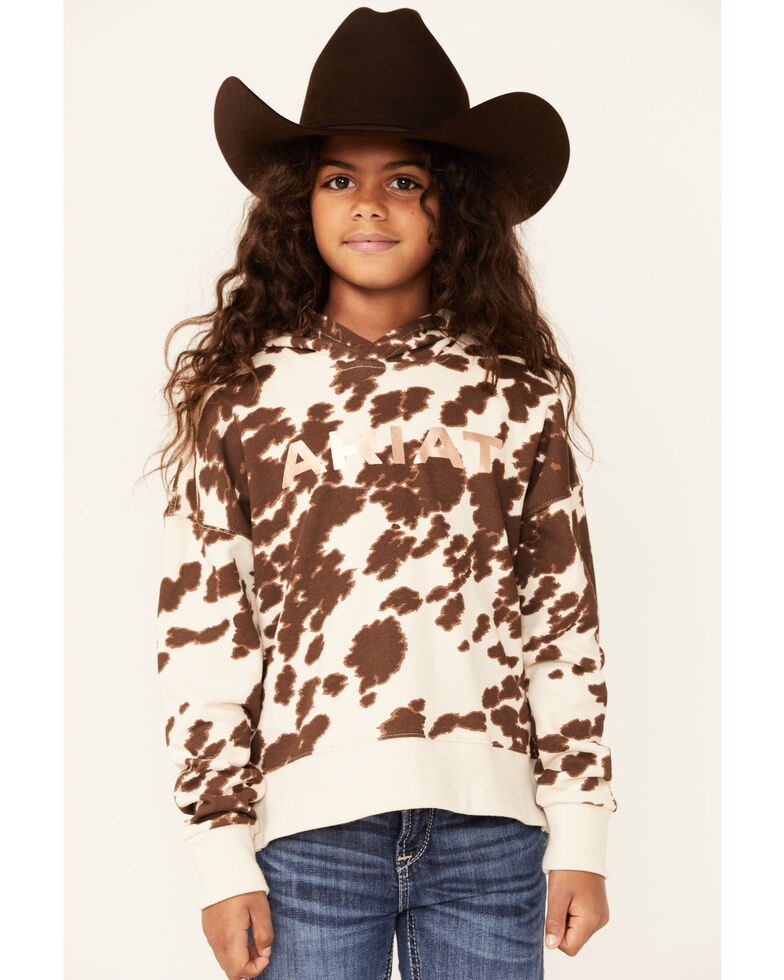 Ariat Girls' R.E.A.L Mustang Pony Print French Terry Pullover Hoodie , Brown, hi-res