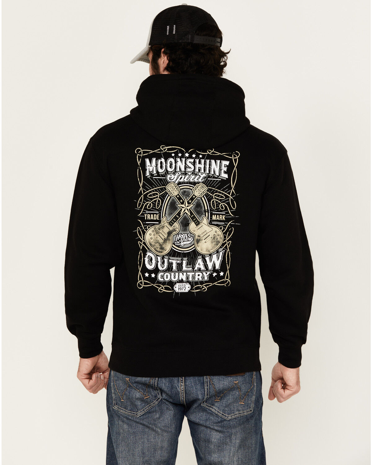 Image #1 - Moonshine Spirit Men's Guitar Logo Graphic Hooded Sweatshirt, Black, hi-res