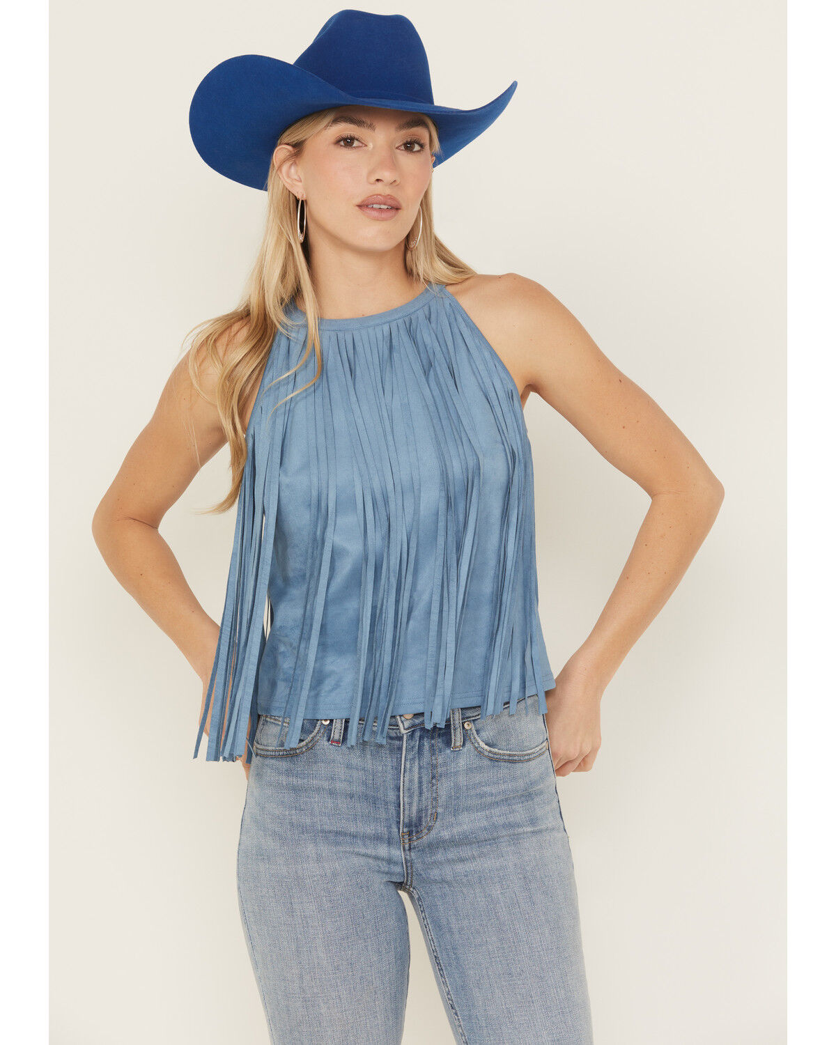 Image #1 - Idyllwind Women's Madie Faux Suede Fringe Tank, Steel Blue, hi-res