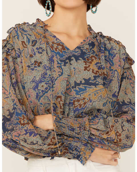 Image #2 - Revel Women's Tapestry Print Smocked Long Sleeve Top, Blue, hi-res