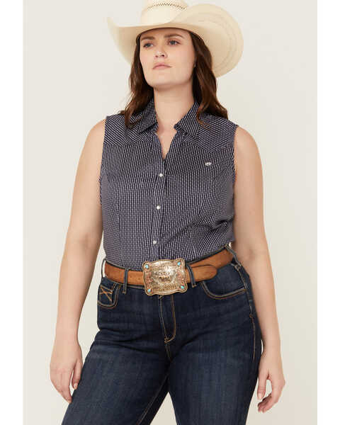 Roper Women's Amarillo Poplin Sleeveless Snap Western Shirt - Plus, Navy, hi-res