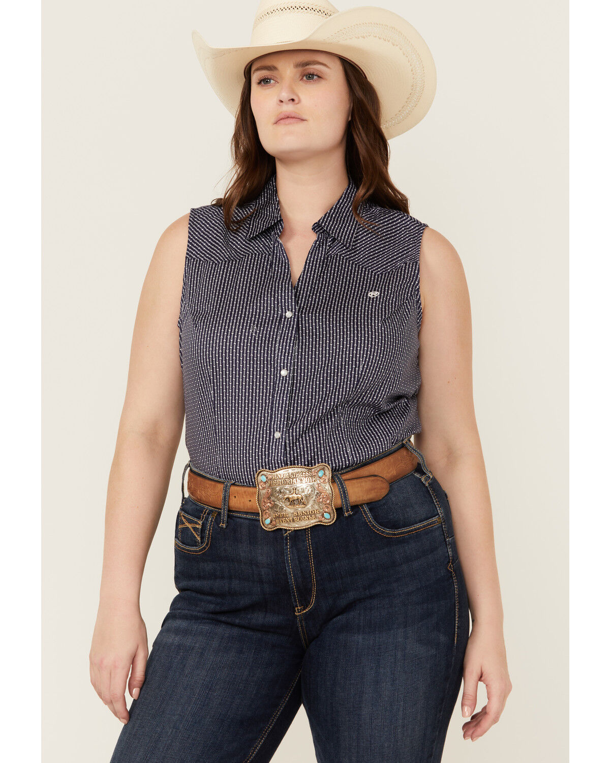 Image #1 - Roper Women's Amarillo Poplin Sleeveless Snap Western Shirt - Plus, Navy, hi-res