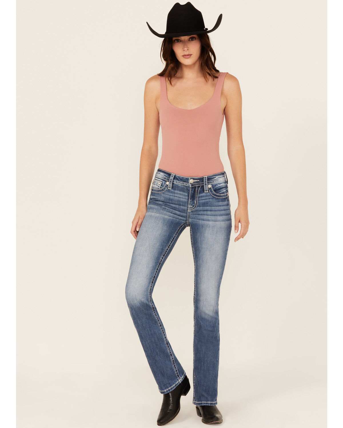 Image #3 - Miss Me Women's Medium Wash Mid Rise Horseshoe Pocket Bootcut Stretch Denim Jeans, Medium Wash, hi-res