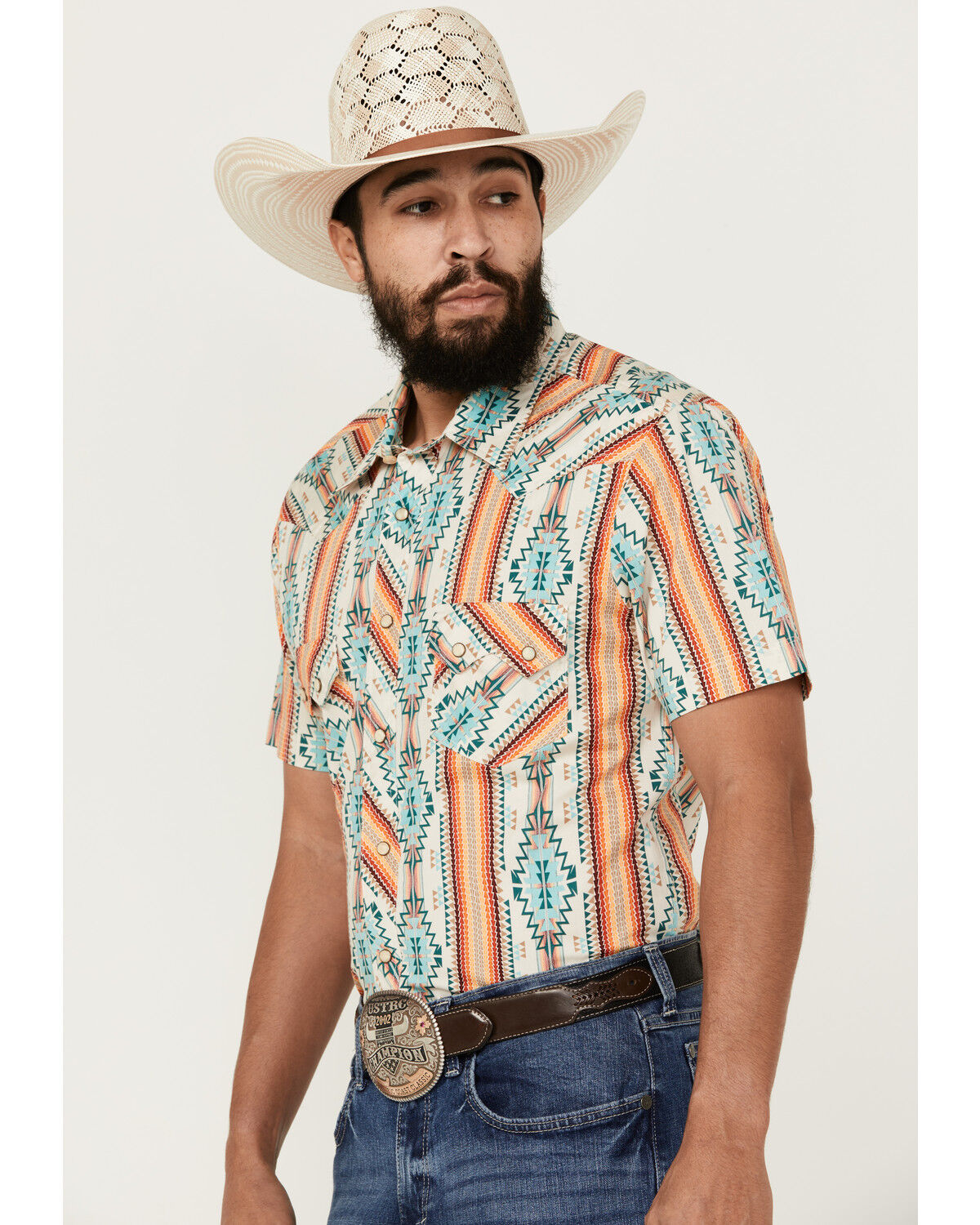 Image #2 - Rock & Roll Denim Men's Southwestern Print Short Sleeve Pearl Snap Stretch Western Shirt, Cream, hi-res