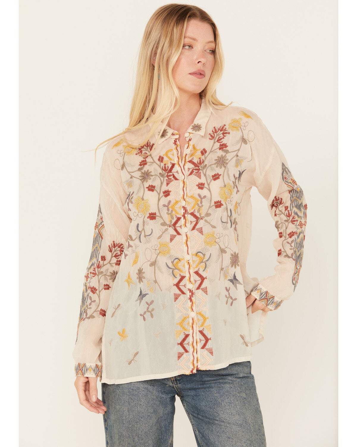Johnny Was Women's Long Sleeve Floral Embroidered Blouse, Ivory, hi-res