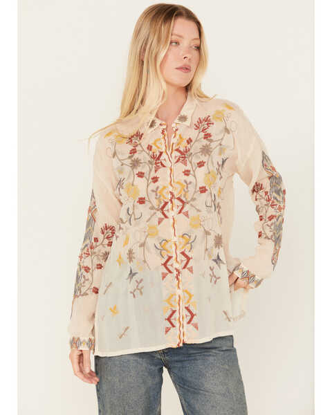 Johnny Was Women's Long Sleeve Floral Embroidered Blouse , Ivory, hi-res