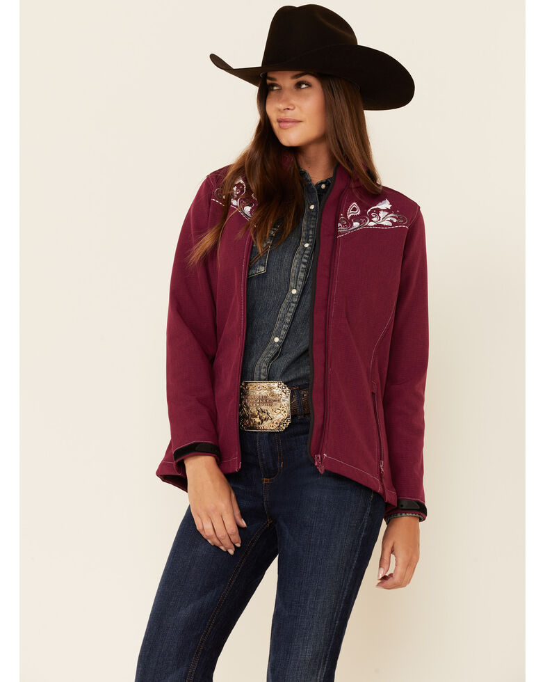 Cowgirl Hardware Women's Burgundy Embroidered Paisley Zip-Front Poly Shell Jacket , Burgundy, hi-res