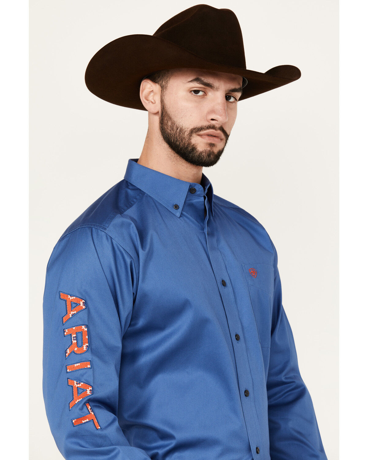 Image #2 - Ariat Men's Team Solid Twill Logo Long Sleeve Button-Down Western Shirt, Dark Blue, hi-res