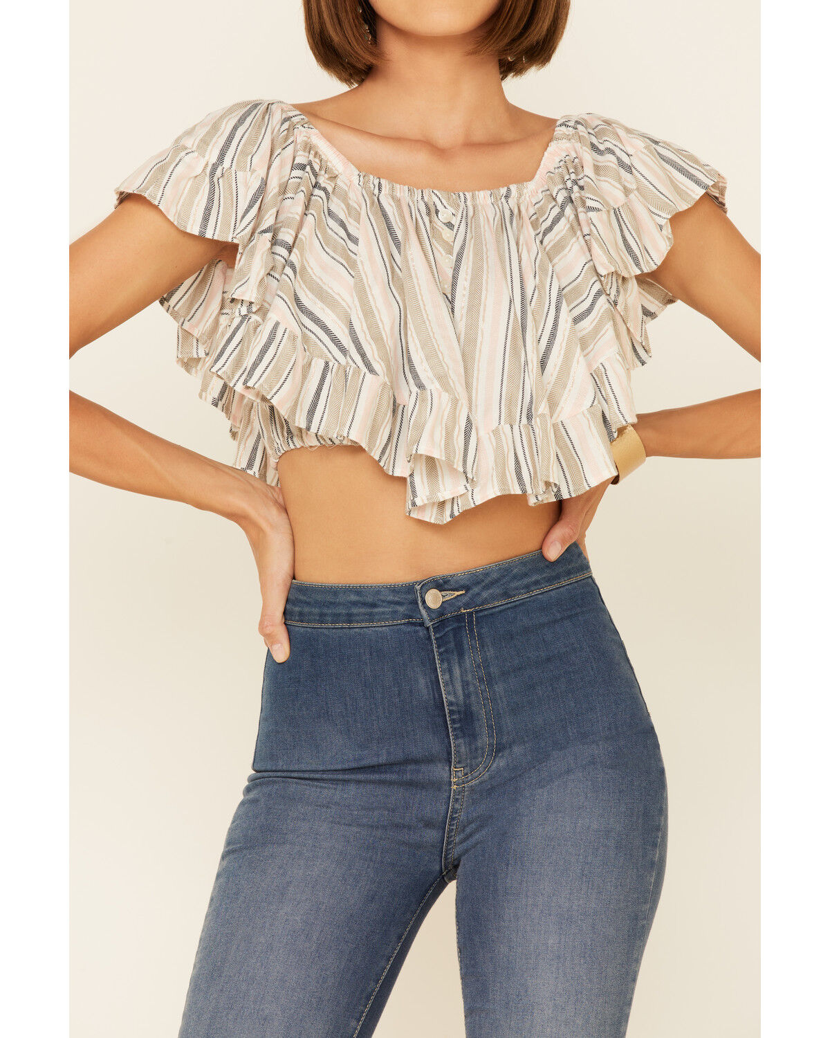 Image #4 - Angie Women's Stripe Butterfly Short Sleeve Crop Top, Cream, hi-res
