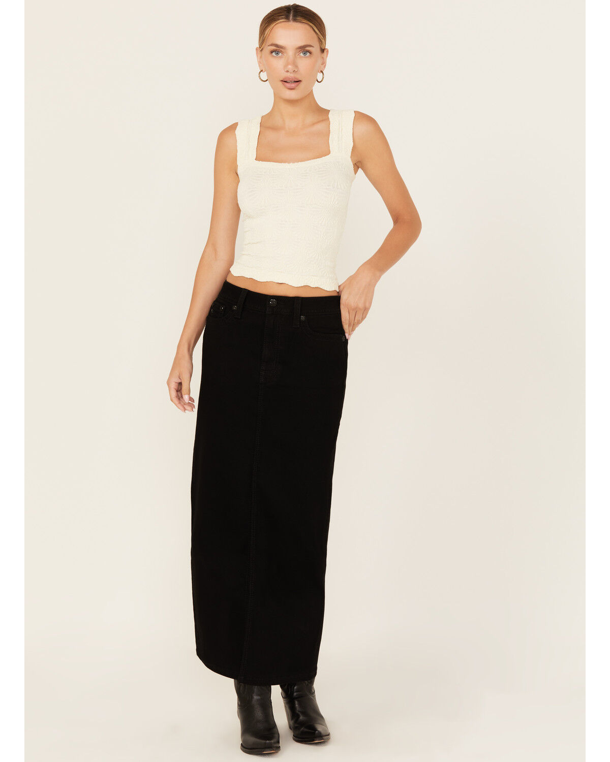 Image #3 - Miss Me Women's Embroidered Pocket Stretch Denim Maxi Skirt, Black, hi-res