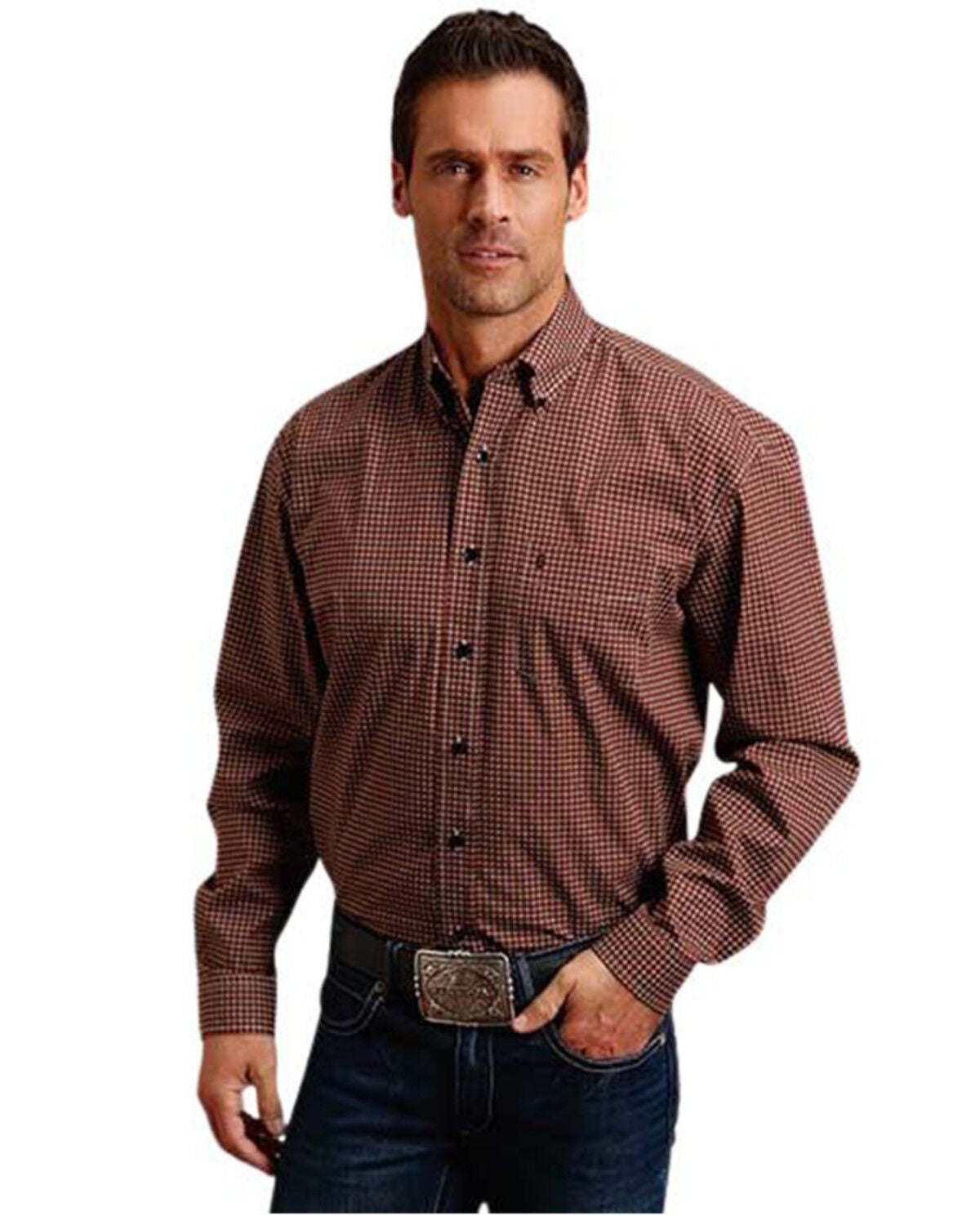 Stetson Men's Dobby Plaid Print Long Sleeve Button-Down Western Shirt, Wine, hi-res