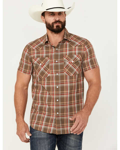 Pendleton Men's Frontier Plaid Print Short Sleeve Pearl Snap Western Shirt, Brown, hi-res