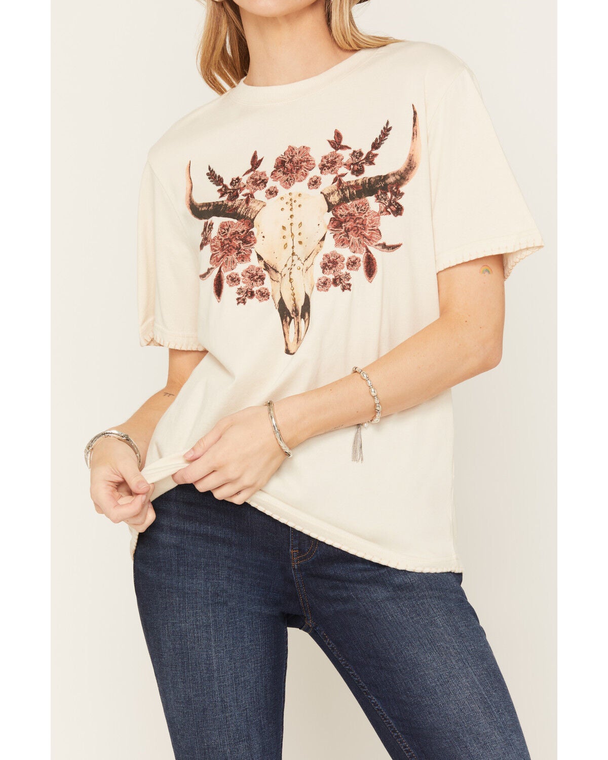 Image #3 - Shyanne Women's Embroidered and Studded Bull Skull Short Sleeve Graphic Tee, Natural, hi-res