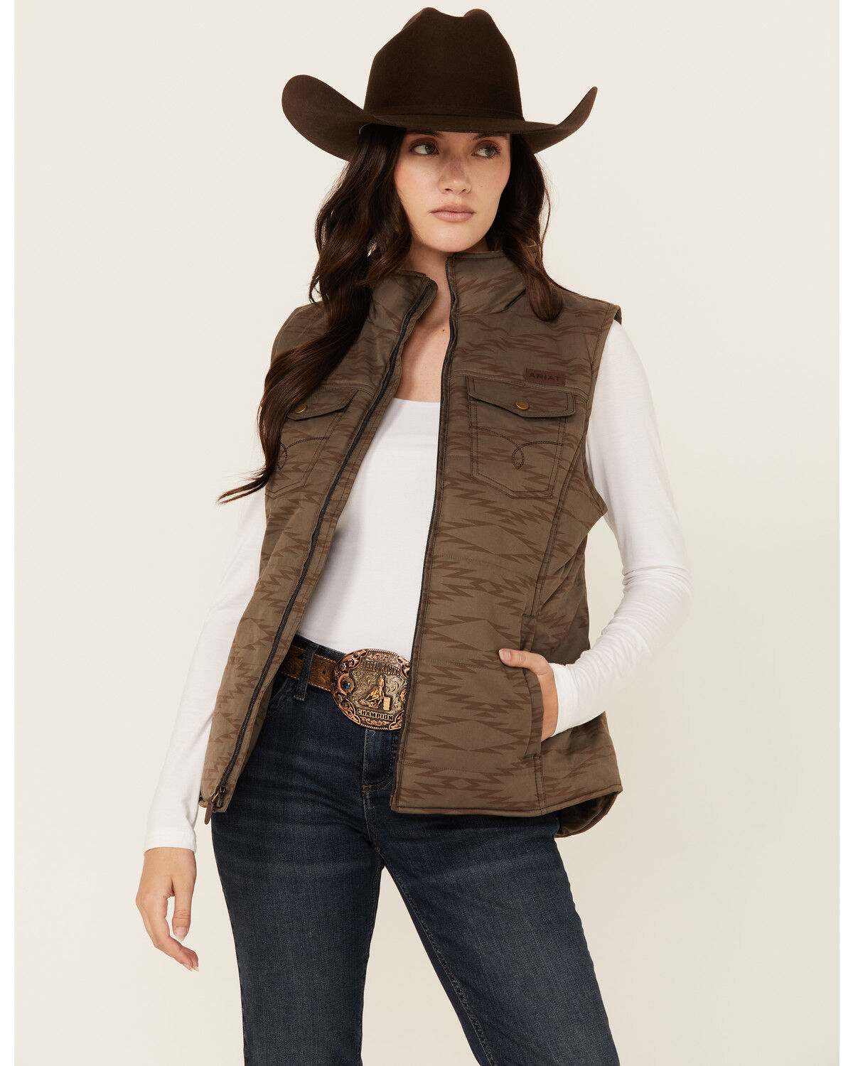 Image #1 - Ariat Women's Southwestern Print Quilted Vest, Brown, hi-res