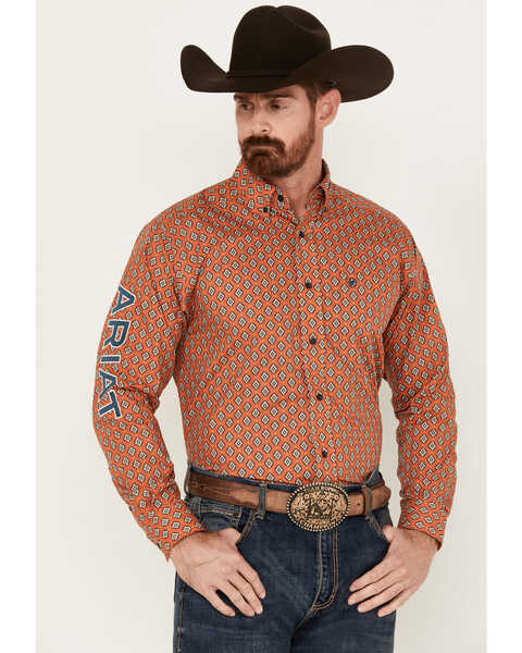 Ariat Men's Team Webster Geo Print Long Sleeve Button-Down Western Shirt, Orange, hi-res