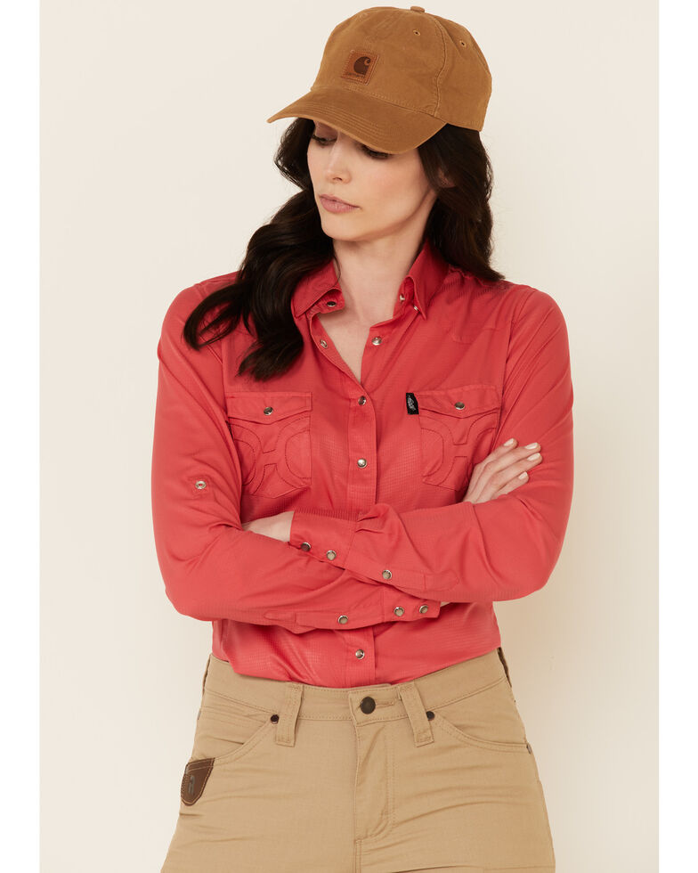 HOOey Women's Solid Watermelon Habitat Sol Long Sleeve Snap Western Core Shirt , Coral, hi-res