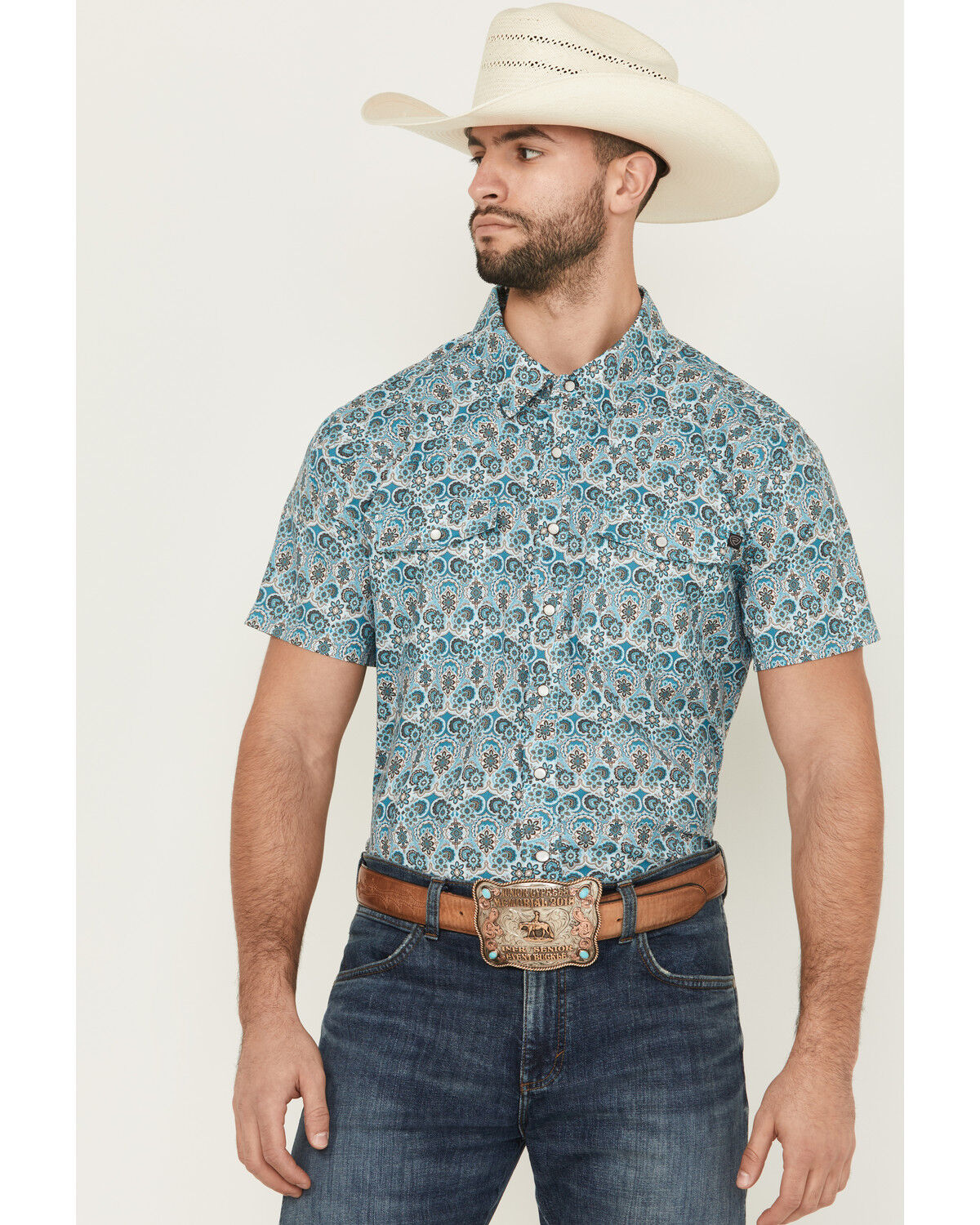 Image #1 - Rock & Roll Denim Men's Geo Floral Print Short Sleeve Pearl Snap Western Shirt, Teal, hi-res