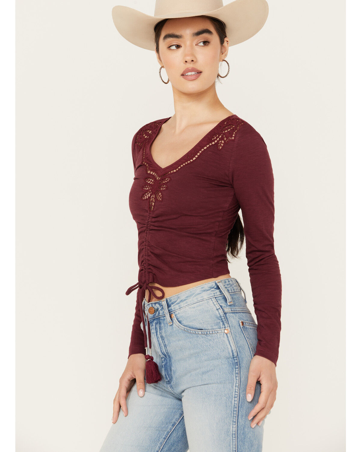Image #2 - Shyanne Women's Long Sleeve Cutwork Front Tie Top, Maroon, hi-res