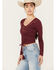 Image #2 - Shyanne Women's Long Sleeve Cutwork Front Tie Top, Maroon, hi-res