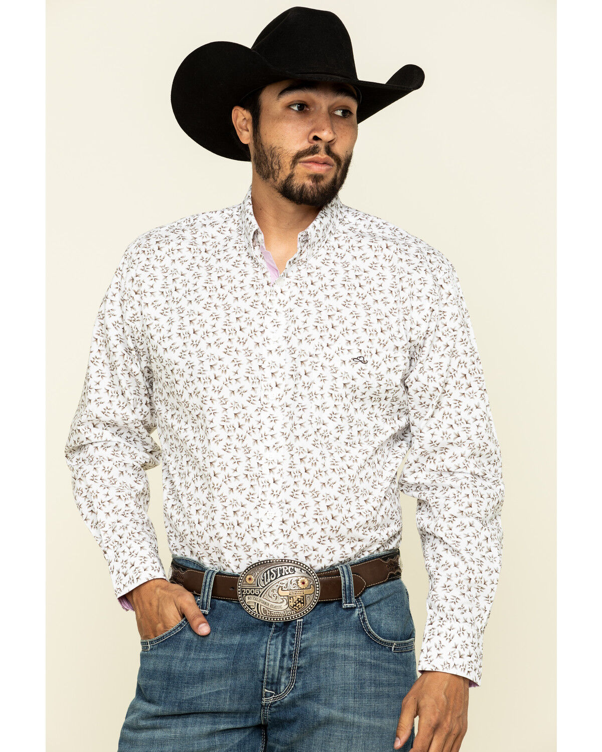Image #1 - Resistol Men's White Palmetto Floral Print Long Sleeve Western Shirt, White, hi-res