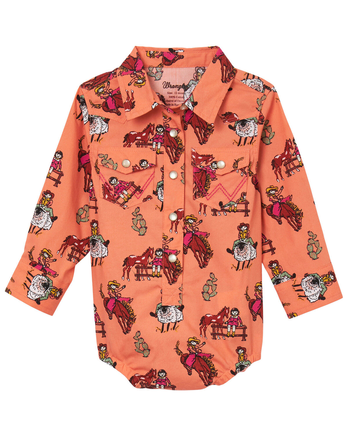 Image #1 - Wrangler Infant Girls' Conversation Print Long Sleeve Pearl Snap Onesie, Orange, hi-res