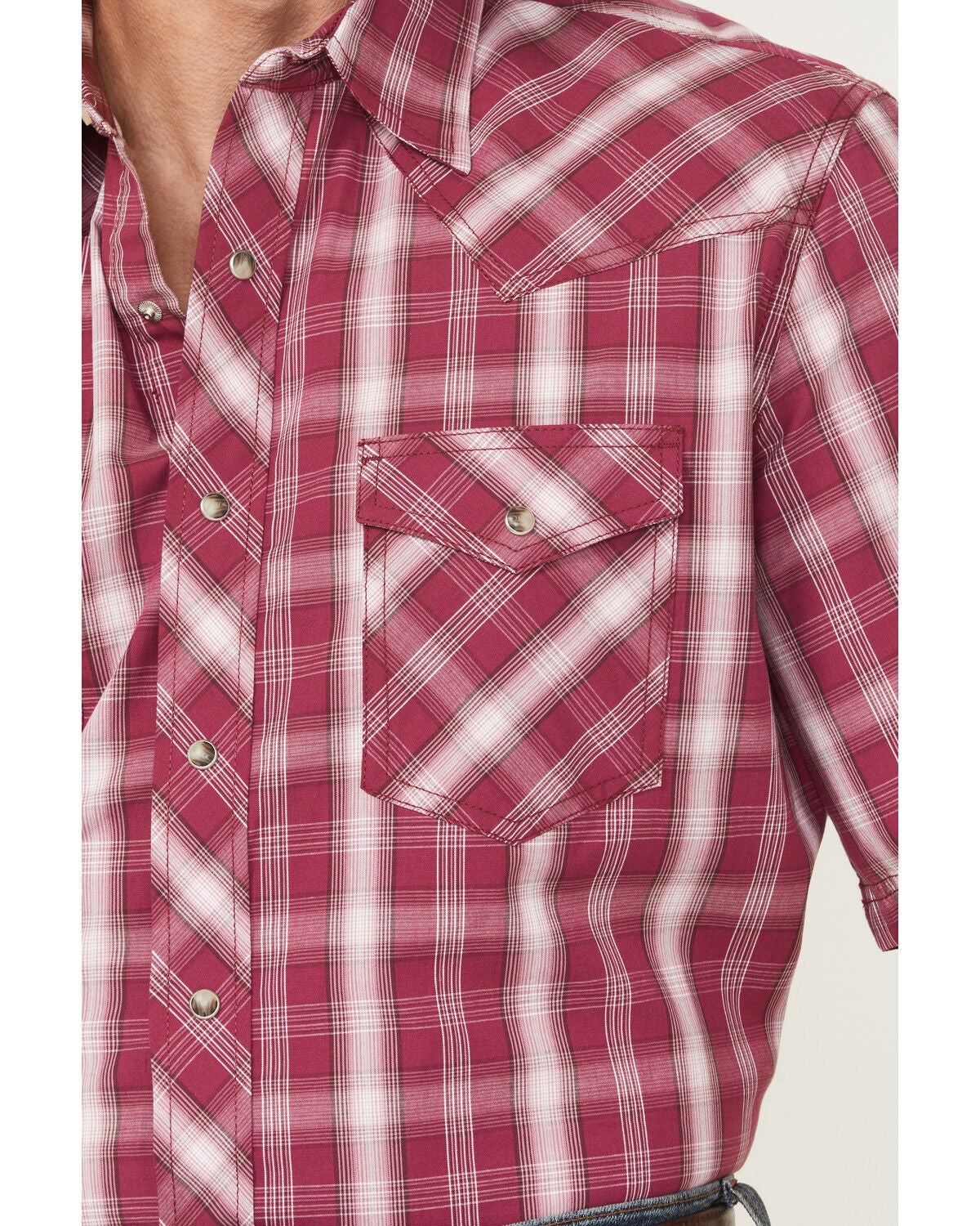 Image #3 - Wrangler 20X Men's Plaid Print Short Sleeve Snap Stretch Western Shirt, Wine, hi-res