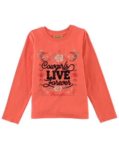 Wrangler Girls' Cowgirls Live Forever Long Sleeve Graphic Tee, Pink, hi-res