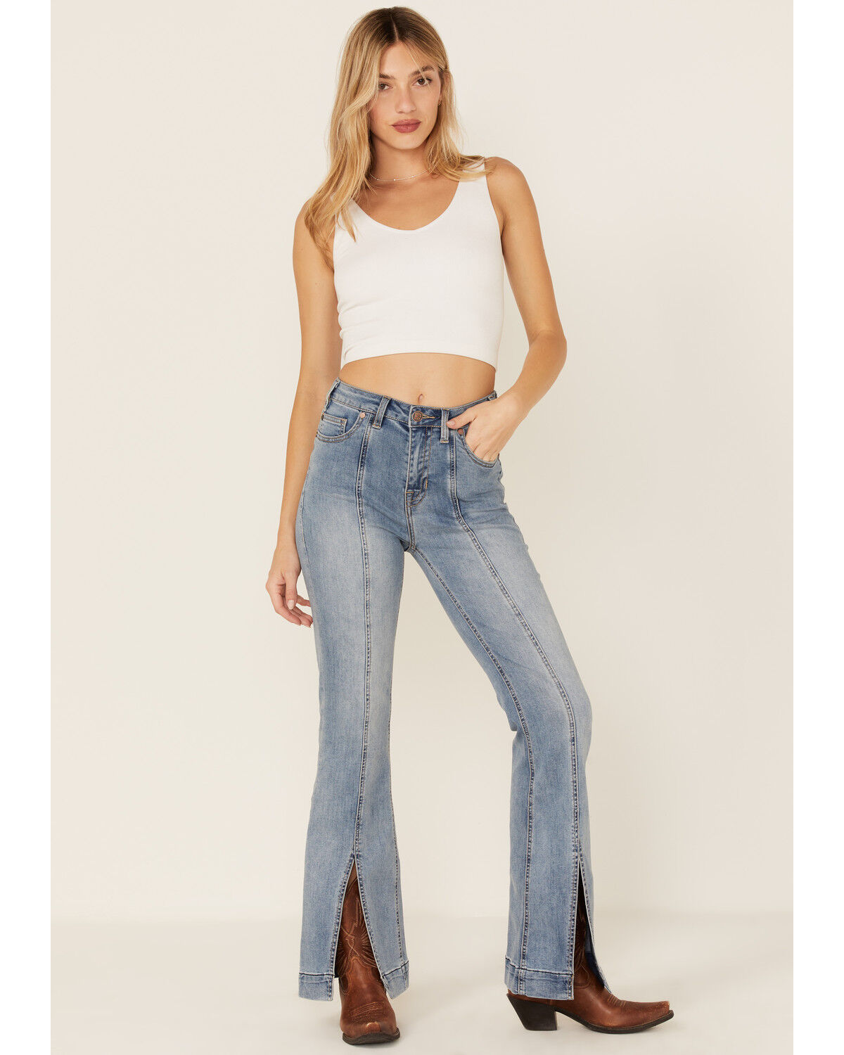 Image #1 - Rock & Roll Denim Women's Slit Front Trouser Jeans, Light Blue, hi-res