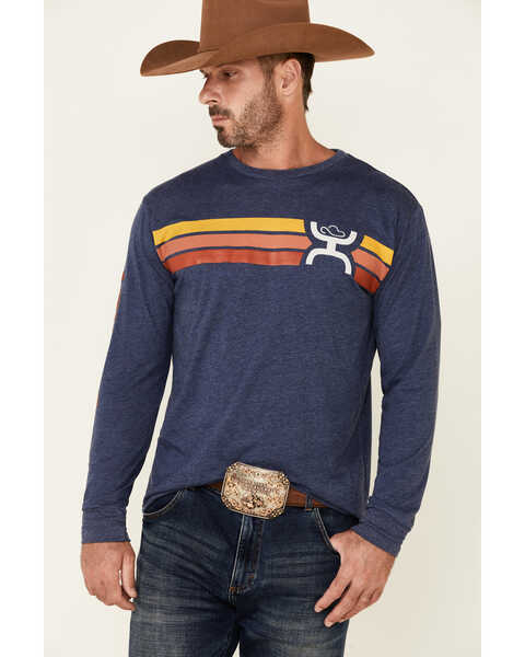 HOOey Men's Sunset Logo Stripe Long Sleeve T-Shirt , Blue, hi-res