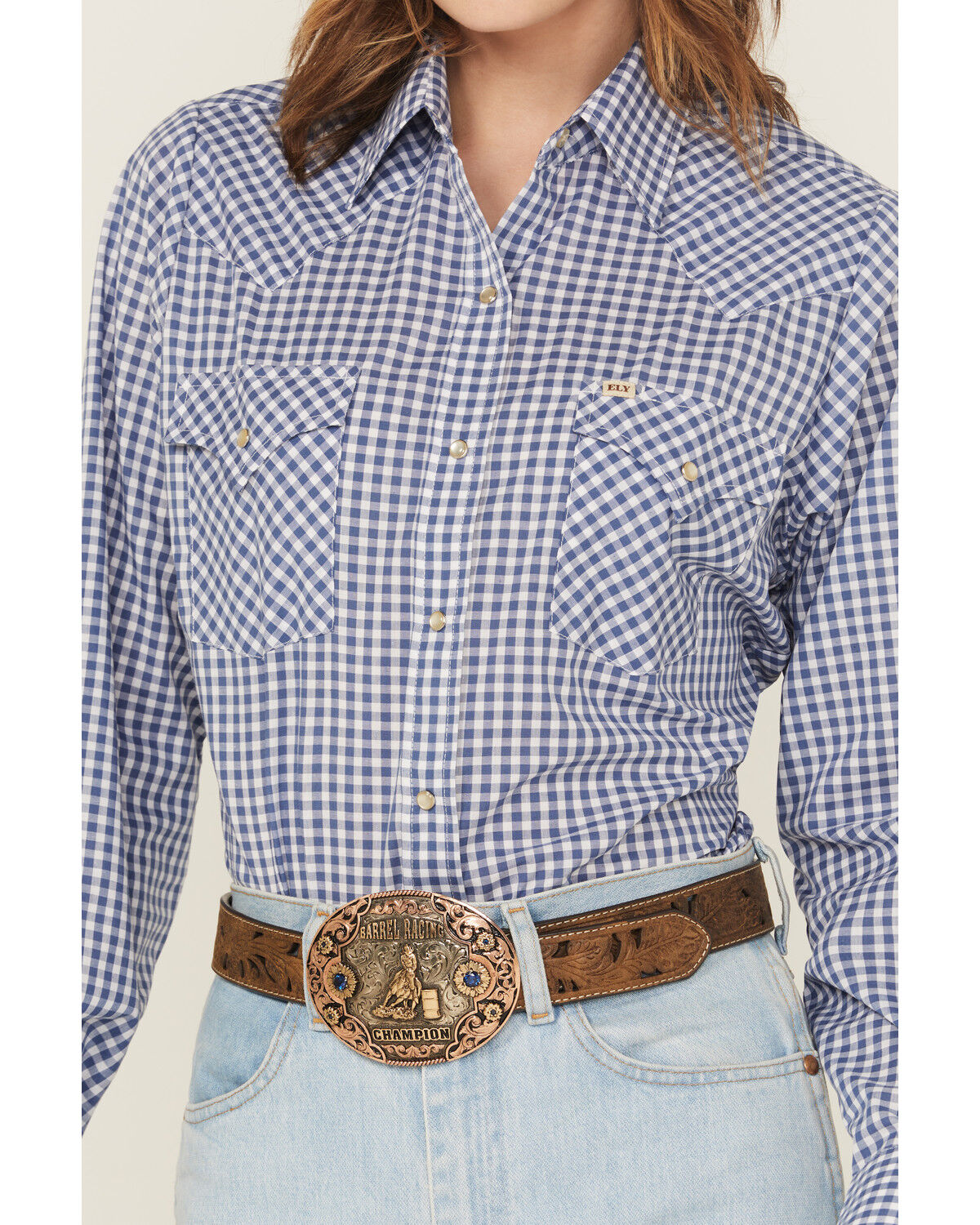 Image #4 - Cowboygirl by Jenna Paulette Women's Gingham Print Long Sleeve Pearl Snap Western Shirt, Blue, hi-res