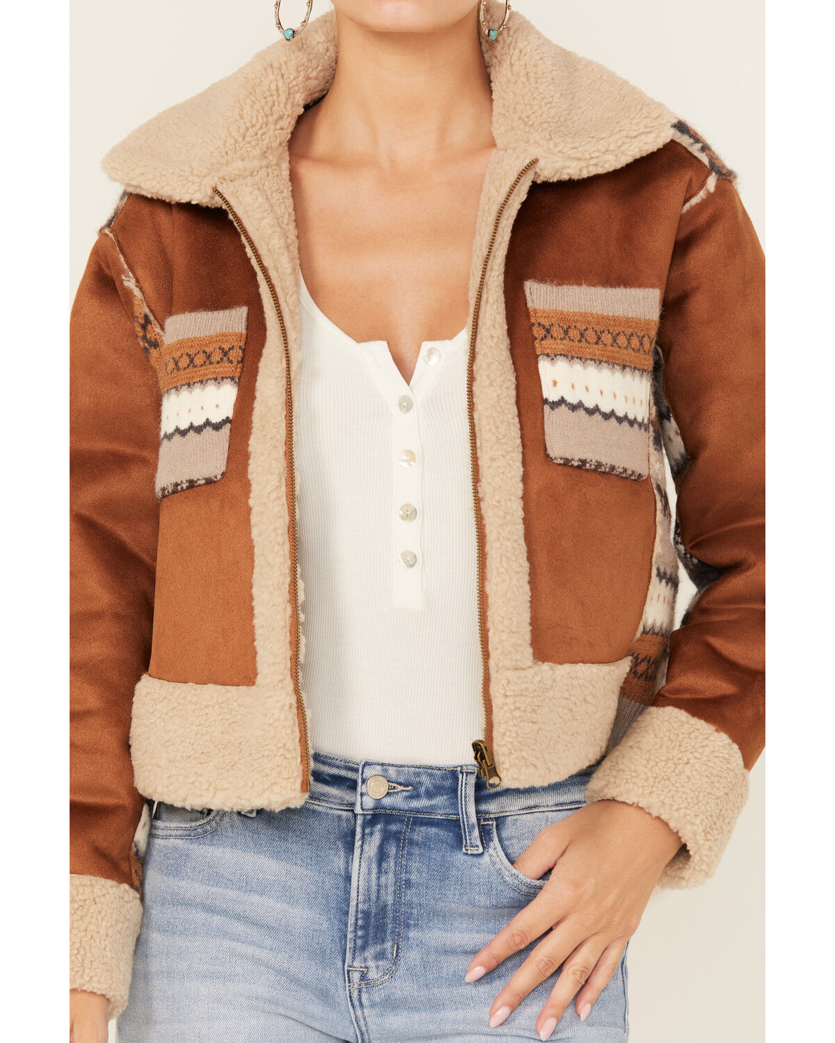 Image #4 - Cleo + Wolf Women's Cameron Southwestern Print Sweater Back Faux Suede Sherpa Lined Zip-Up Jacket, Caramel, hi-res