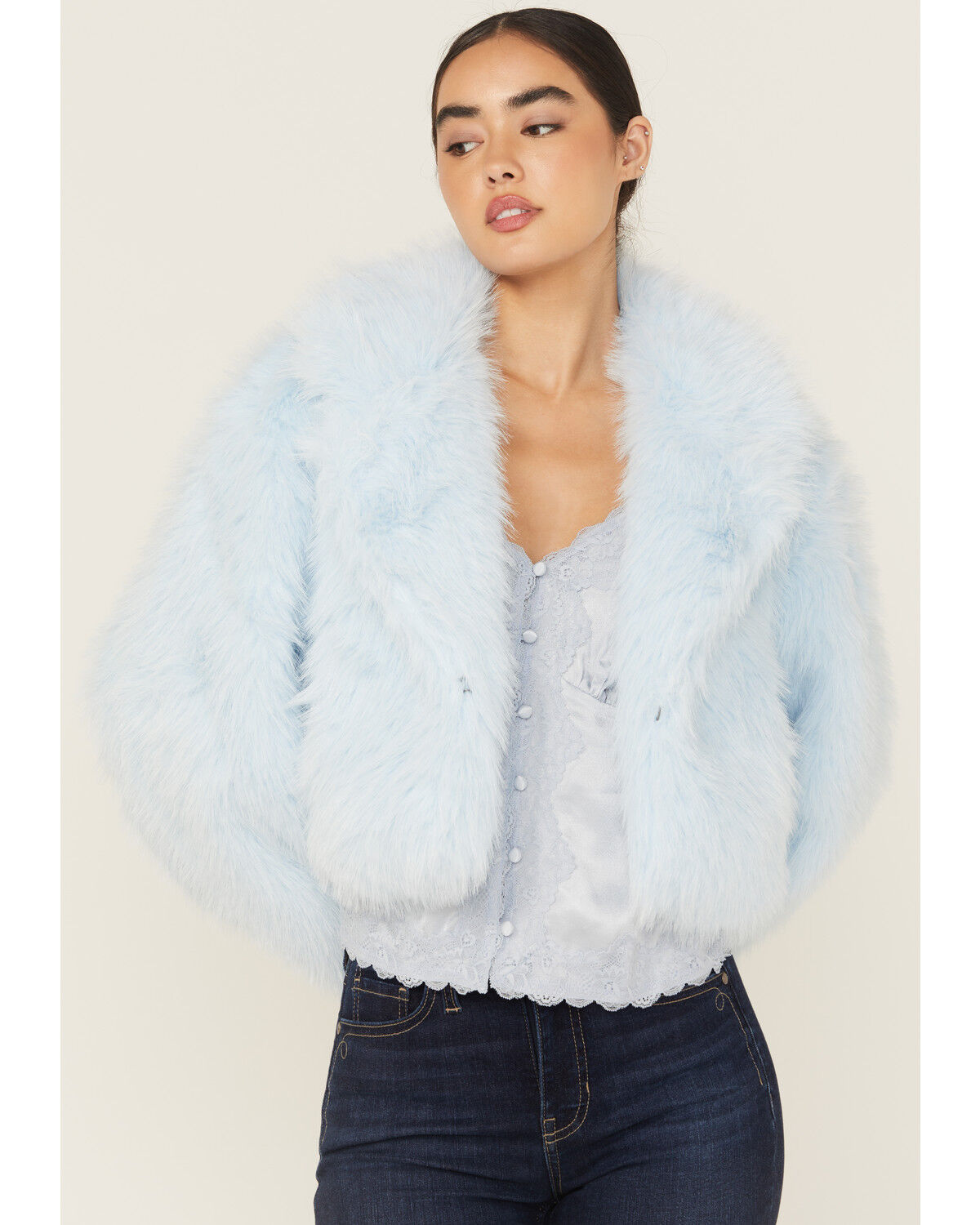 Image #1 - Free People Women's Faux Fur Cropped Jacket, Blue, hi-res