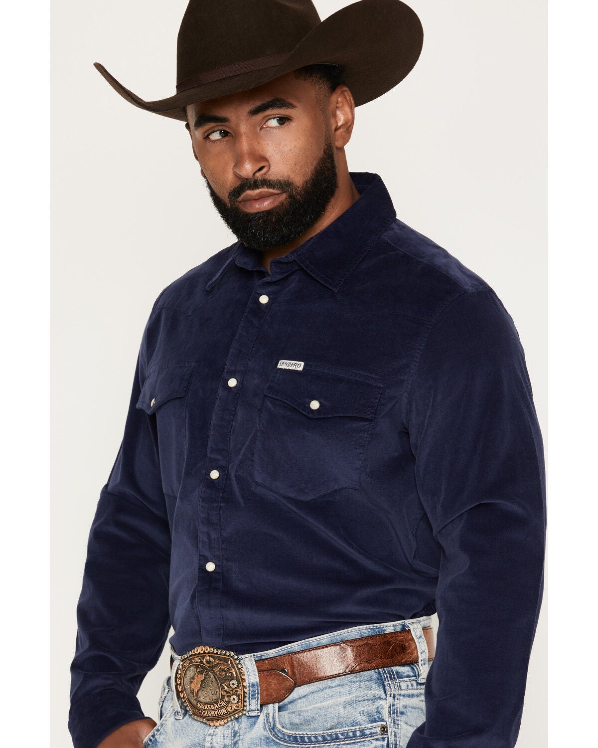 Image #2 - Sendero Provisions Men's Wyatt Solid Corduroy Long Sleeve Snap Western Shirt, Navy, hi-res