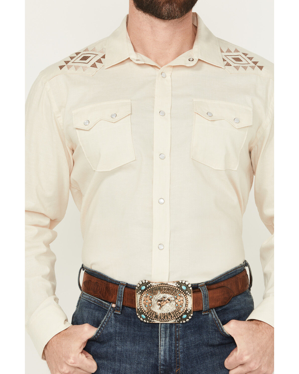 Image #3 - Panhandle Men's Solid Embroidered Long Sleeve Snap Western Shirt, Natural, hi-res