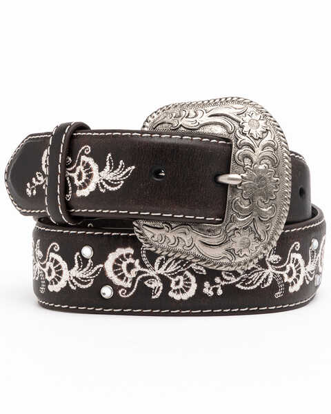 Image #1 - Shyanne Women's Chocolate Floral Embroidered Crystal Western Belt , Chocolate, hi-res