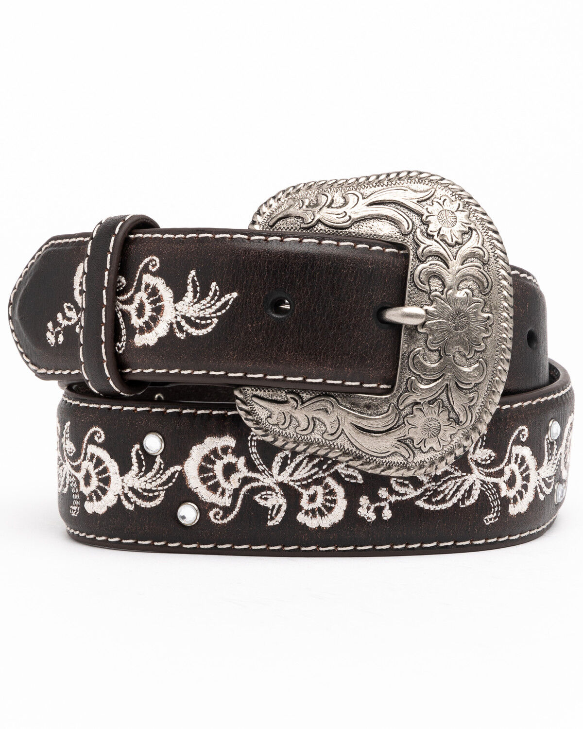 Image #1 - Shyanne Women's Chocolate Floral Embroidered Crystal Western Belt, Chocolate, hi-res