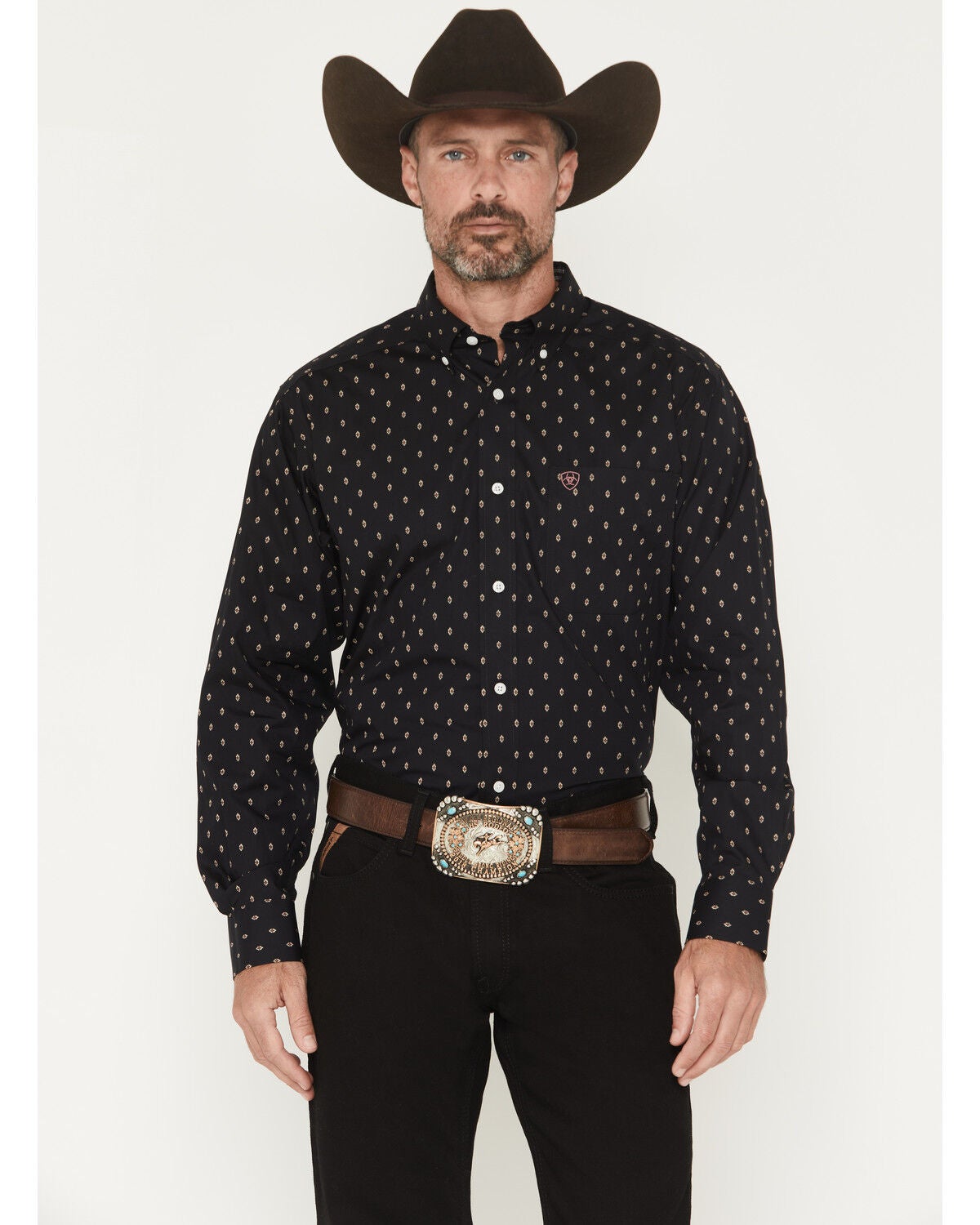 Ariat Men's Wrinkle Free Asher Geo Print Long Sleeve Button-Down Western Shirt, Black, hi-res