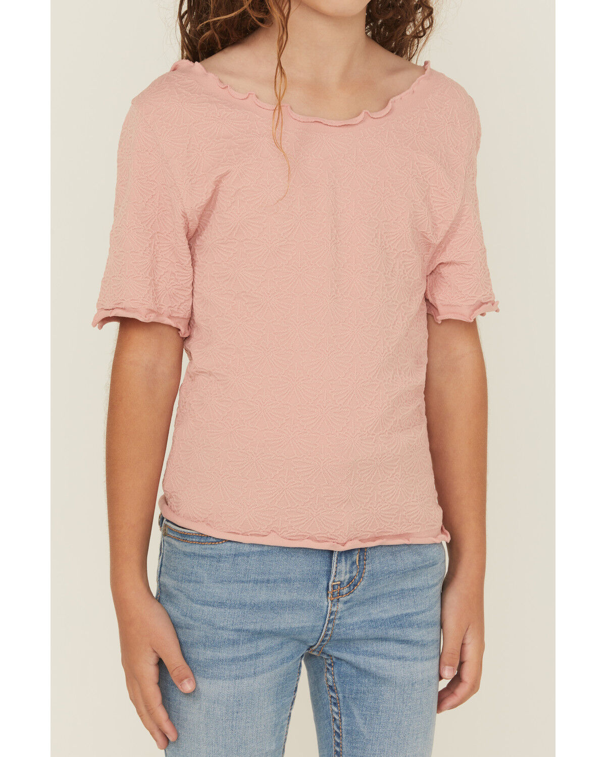Image #3 - Fornia Girls' Solid Lettuce Edge Short Sleeve Top, Pink, hi-res