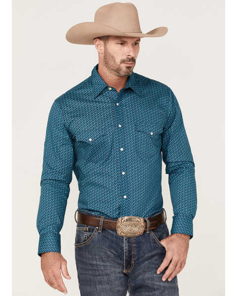 Image #1 - Rock & Roll Denim Men's All-Over Horseshoe Print Long Sleeve Snap Western Shirt , Turquoise, hi-res