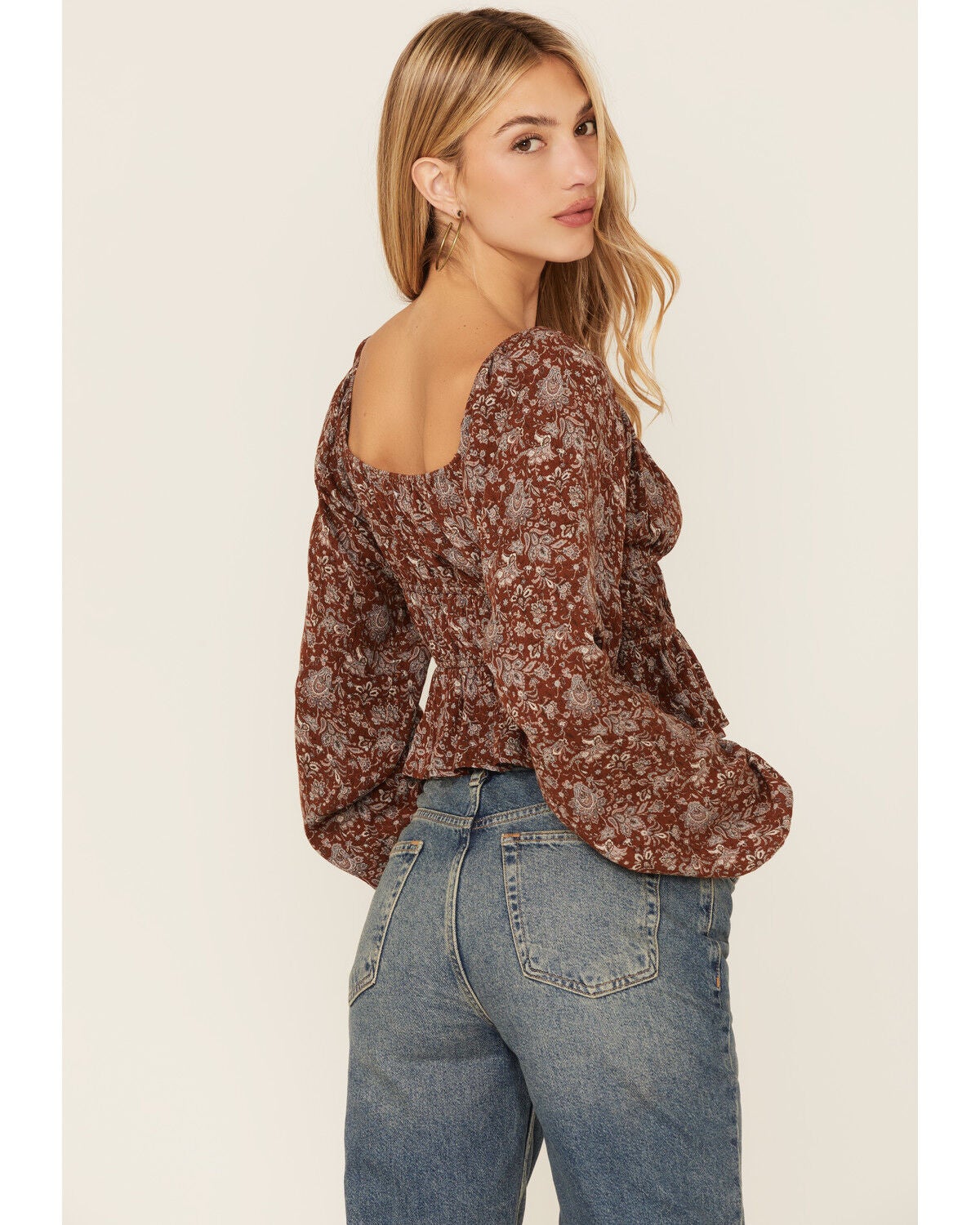 Image #3 - Wild Moss Long Sleeve Tie Front Ranched Floral Top, Tan, hi-res