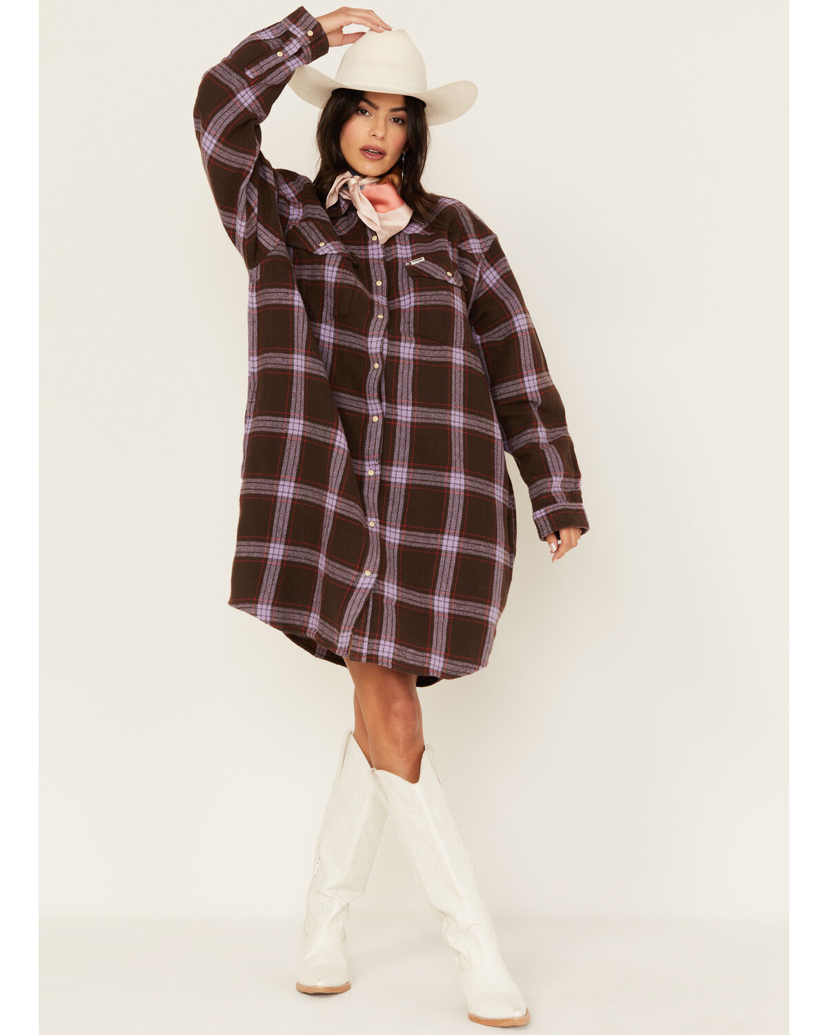 Image #2 - Wrangler Women's Jumbo Plaid Print Long Sleeve Western Mini Dress, Brown, hi-res