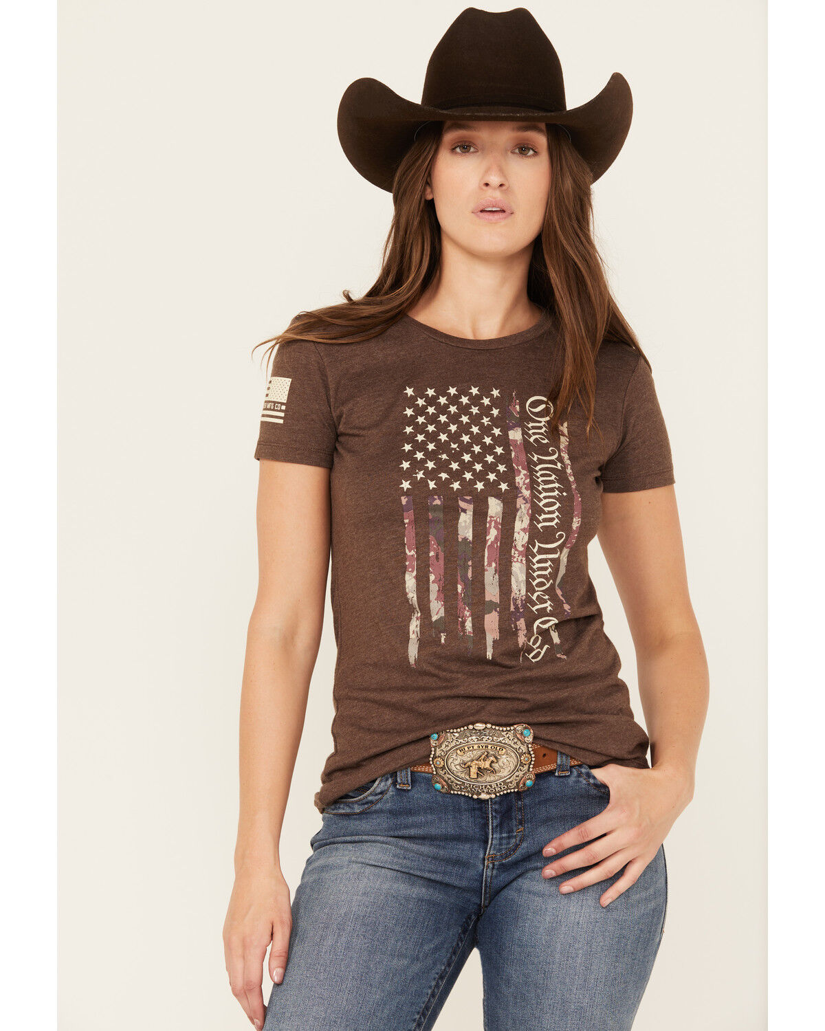 Image #1 - Howitzer Women's One Nation Short Sleeve Graphic Tee, Dark Brown, hi-res
