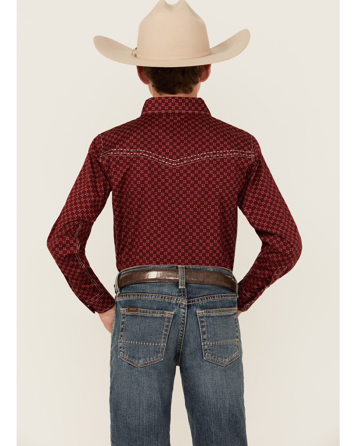 Image #4 - Cowboy Hardware Boys' Geo Print Long Sleeve Snap Stretch Western Shirt, Red, hi-res