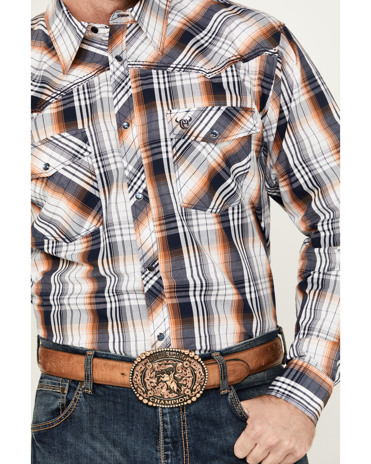 Image #3 - Cowboy Hardware Men's Hermosillo Gradient Plaid Print Long Sleeve Pearl Snap Western Shirt, Navy, hi-res