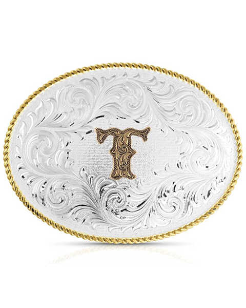 Montana Silversmiths Classic Western Oval Two-Tone Initial Belt Buckle - T, Silver, hi-res