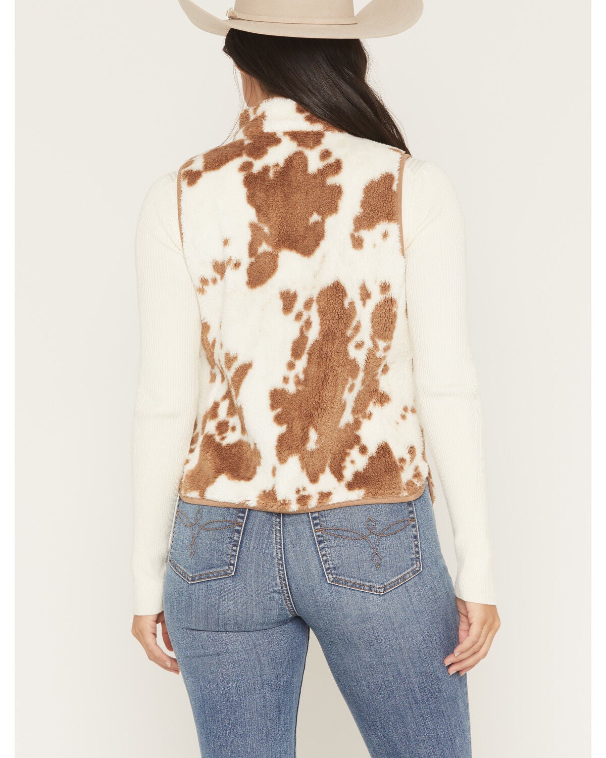 Image #4 - Shyanne Women's Jean Cow Print Sherpa Zip-Up Vest, Coffee, hi-res