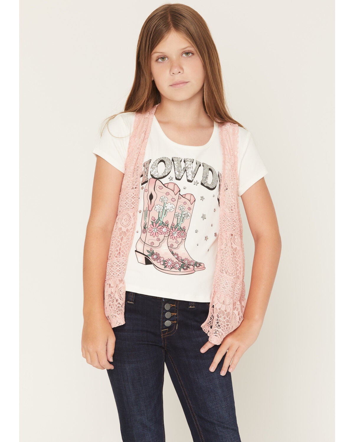 Image #1 - Self Esteem Girls' Howdy Cowboy Boot Embellished Short Sleeve Graphic Tee and Vest, Pink, hi-res